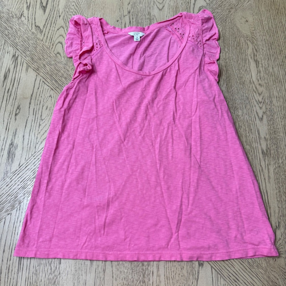 Crown & Ivy Womens Sz Small Pink Ruffle‎ Sleeve Tank Top Casual Sleeveless